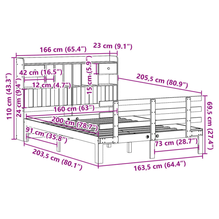 Pat cu bibliotecă fără saltea, alb, 160x200 cm, lemn masiv pin - WALTI WALTI