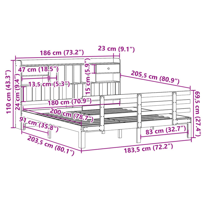 Pat cu bibliotecă fără saltea, 180x200 cm, lemn masiv de pin - WALTI WALTI