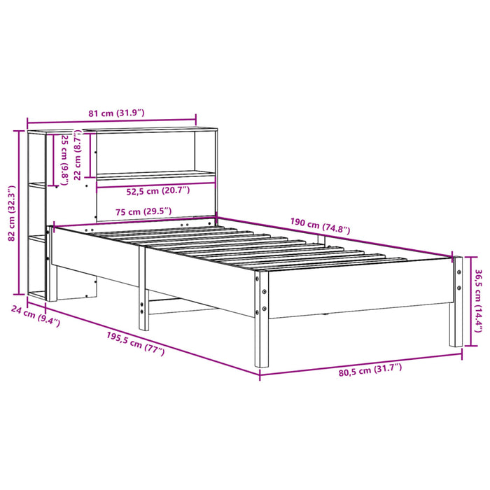 Pat cu bibliotecă fără saltea, alb, 75x190 cm, lemn masiv pin - WALTI WALTI