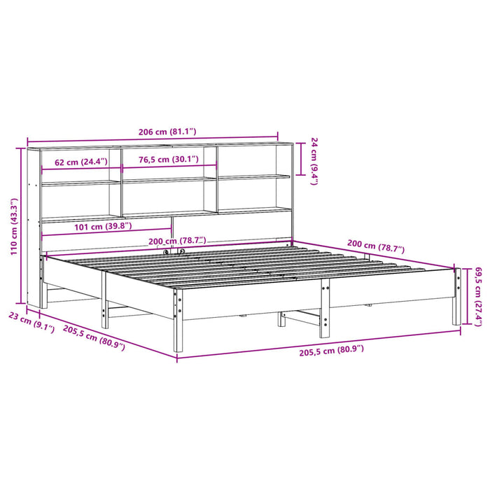 Pat cu bibliotecă fără saltea maro 200x200 cm lemn masiv de pin WALTI