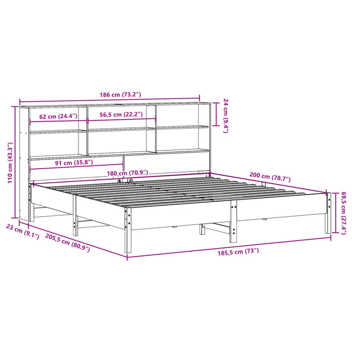 Pat cu bibliotecă fără saltea maro 180x200 cm lemn masiv de pin - WALTI WALTI