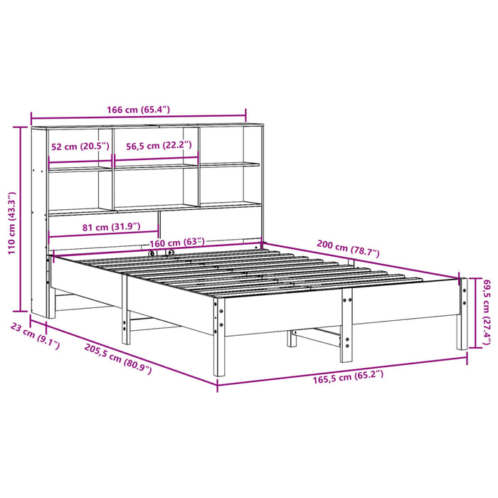 Pat cu bibliotecă fără saltea maro 160x200 cm lemn masiv de pin WALTI