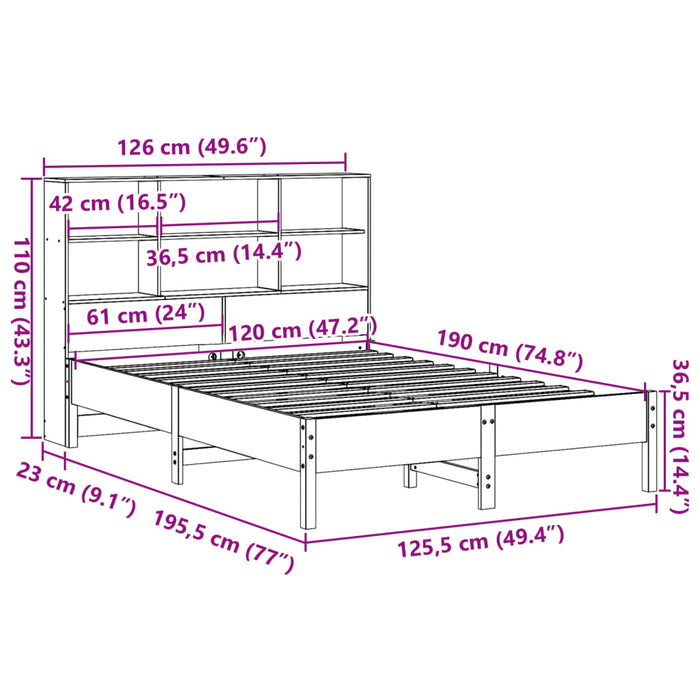 Pat cu bibliotecă fără saltea, maro, 120x190 cm, lemn masiv pin WALTI