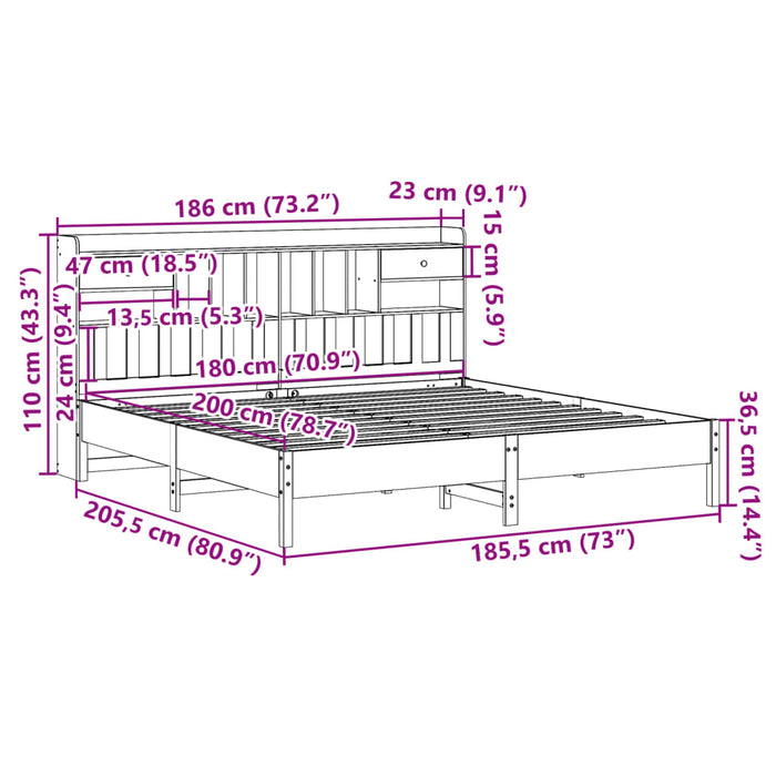 Pat cu bibliotecă fără saltea, 180x200 cm, lemn masiv de pin WALTI