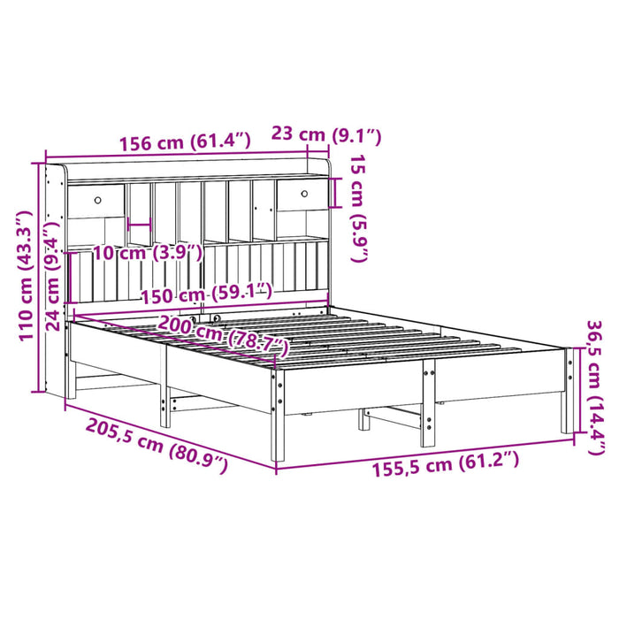 Pat cu bibliotecă fără saltea maro 150x200 cm lemn masiv de pin WALTI
