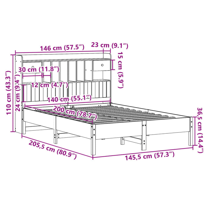 Pat cu bibliotecă fără saltea maro 140x200 cm lemn masiv de pin - WALTI WALTI