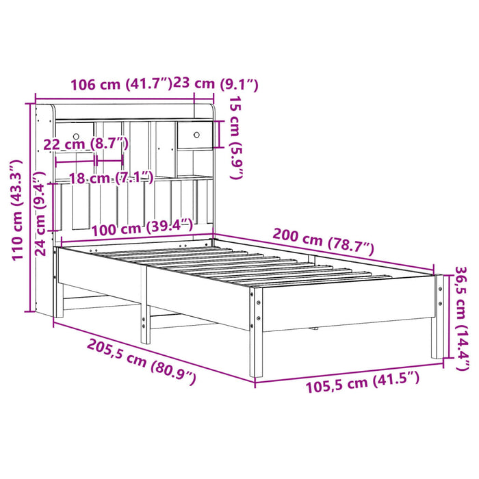 Pat cu bibliotecă fără saltea, maro, 100x200 cm, lemn masiv pin - WALTI WALTI