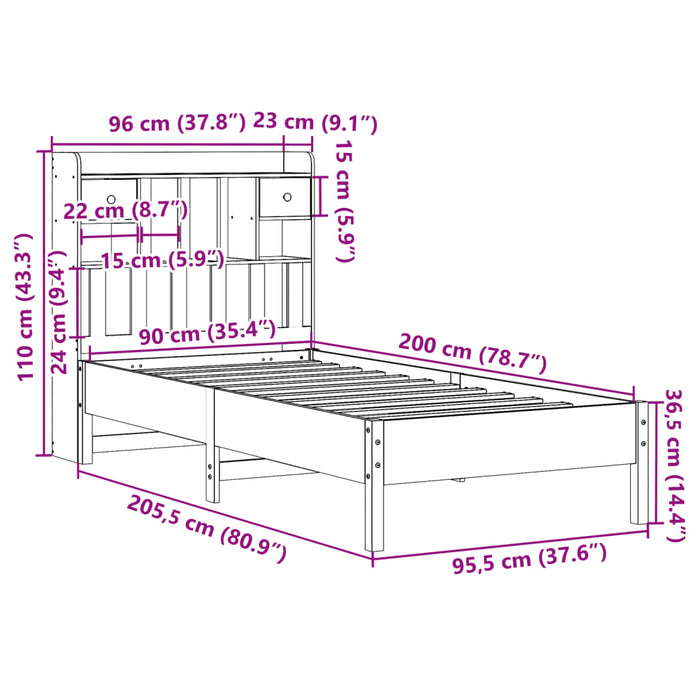 Pat cu bibliotecă fără saltea, alb, 90x200 cm, lemn masiv pin - WALTI WALTI