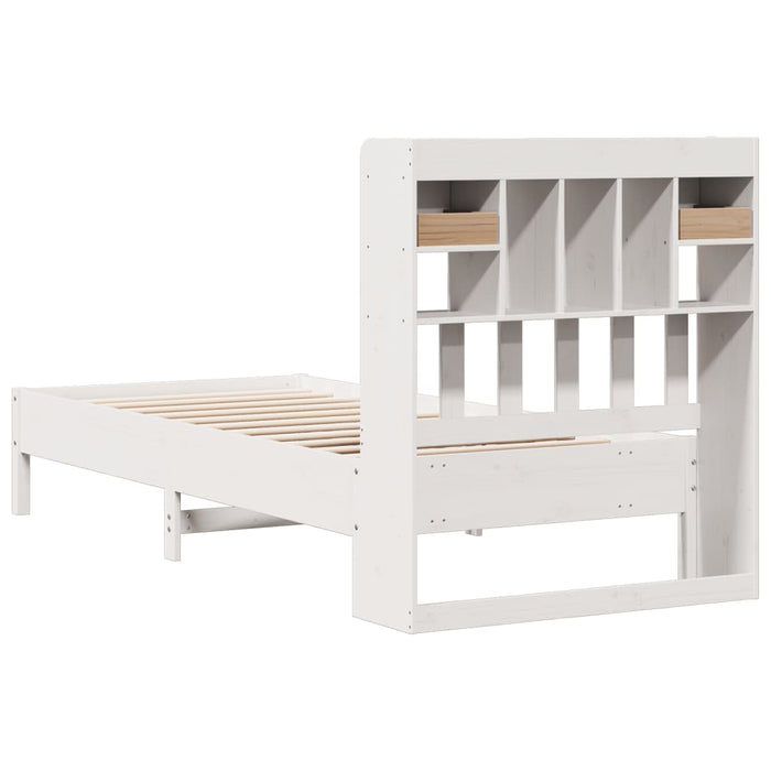 Pat cu bibliotecă fără saltea, alb, 90x190 cm, lemn masiv pin WALTI