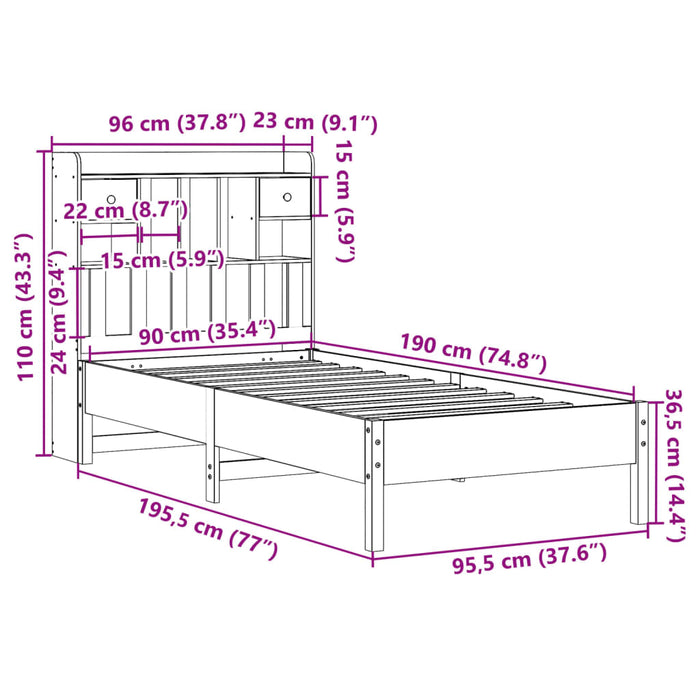 Pat cu bibliotecă fără saltea, alb, 90x190 cm, lemn masiv pin WALTI
