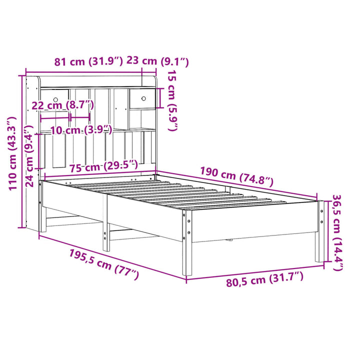 Pat cu bibliotecă fără saltea, 75x190 cm, lemn masiv de pin WALTI