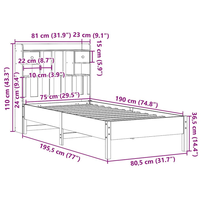 Pat cu bibliotecă fără saltea, alb, 75x190 cm, lemn masiv pin - WALTI WALTI