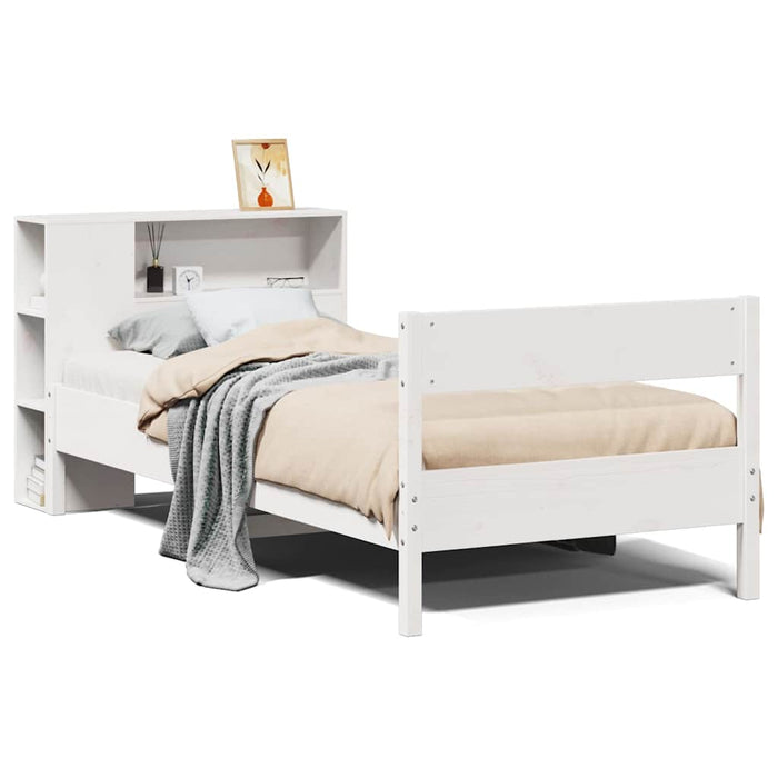 Pat cu bibliotecă fără saltea, alb, 75x190 cm, lemn masiv pin - WALTI WALTI
