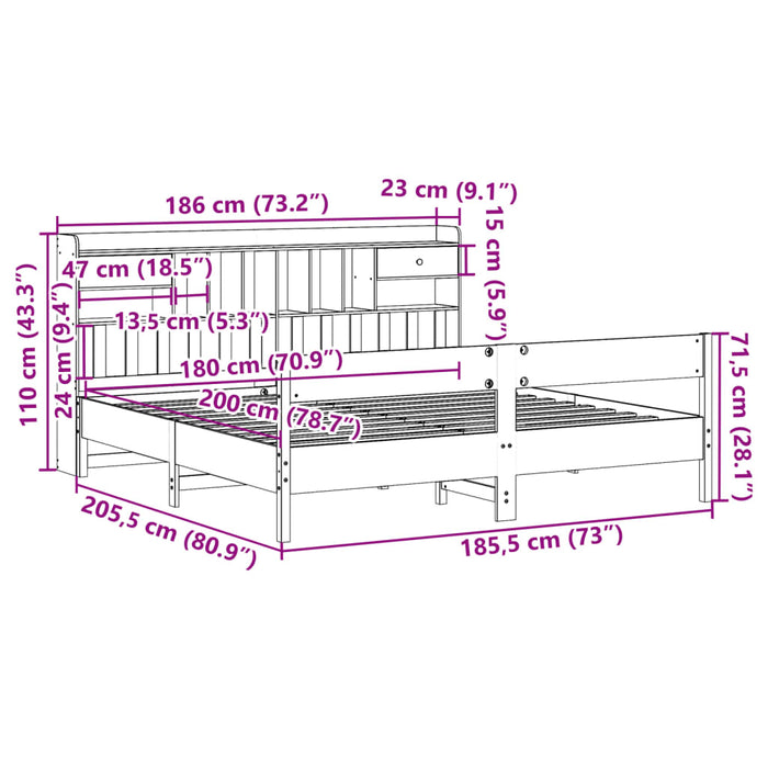 Pat cu bibliotecă fără saltea, 180x200 cm, lemn masiv de pin WALTI