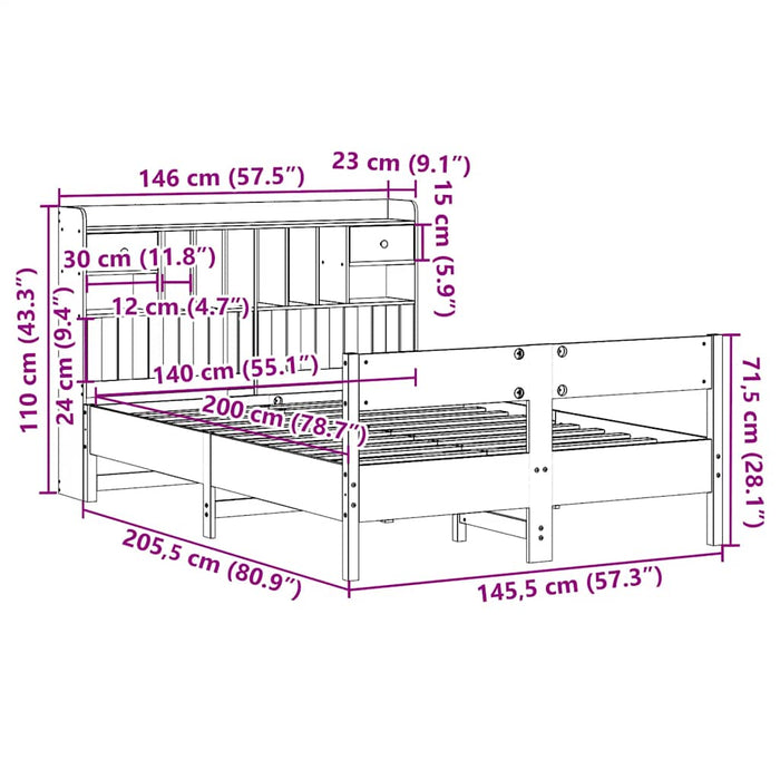 Pat cu bibliotecă fără saltea, alb, 140x200 cm, lemn masiv pin - WALTI WALTI