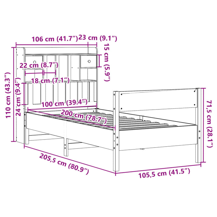 Pat cu bibliotecă fără saltea, maro, 100x200 cm, lemn masiv pin - WALTI WALTI