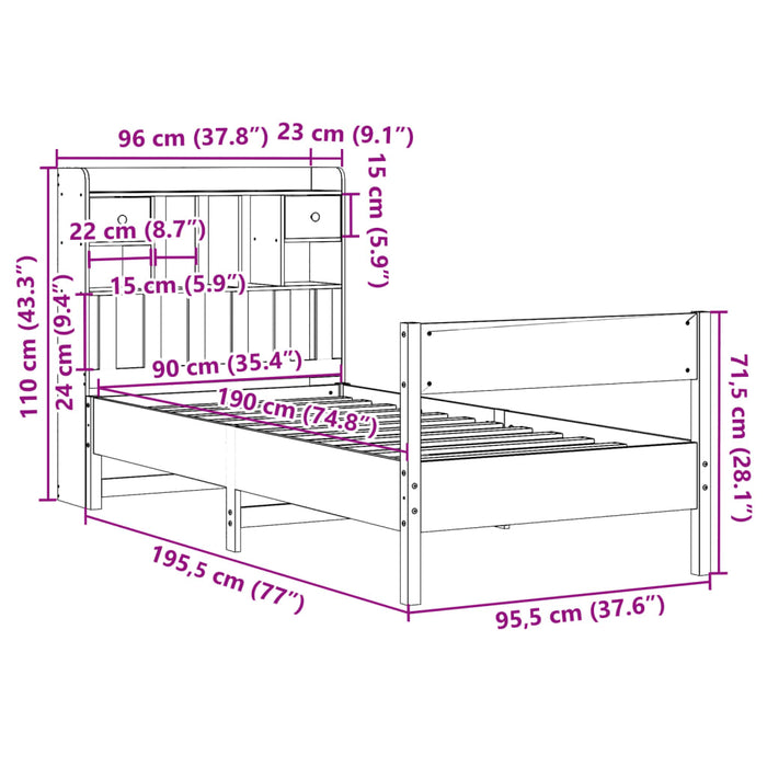 Pat cu bibliotecă fără saltea, alb, 90x190 cm, lemn masiv pin - WALTI WALTI