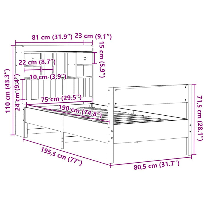 Pat cu bibliotecă fără saltea, 75x190 cm, lemn masiv de pin WALTI