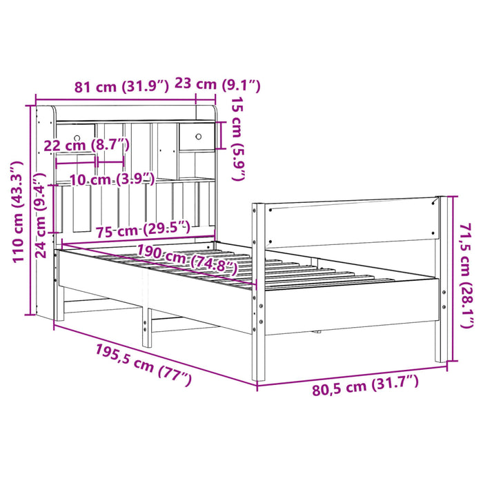 Pat cu bibliotecă fără saltea, alb, 75x190 cm, lemn masiv pin WALTI
