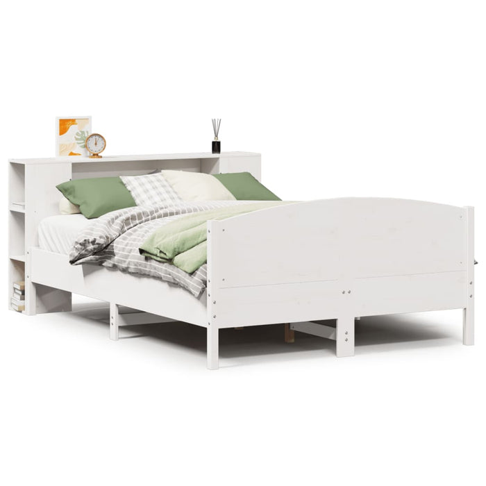 Pat cu bibliotecă fără saltea, alb, 135x190 cm, lemn masiv pin - WALTI WALTI