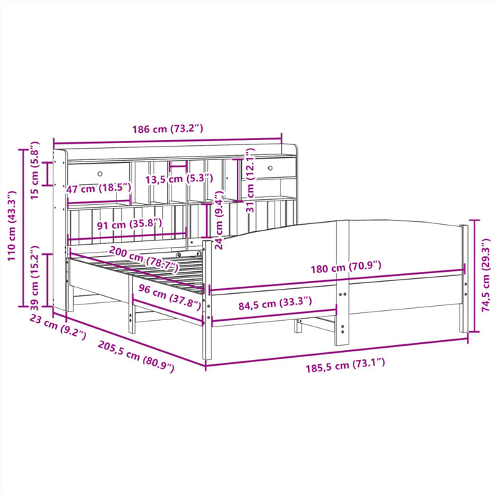 Pat cu bibliotecă fără saltea, 180x200 cm, lemn masiv de pin - WALTI WALTI