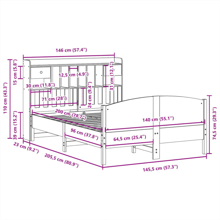 Pat cu bibliotecă fără saltea, alb, 140x200 cm, lemn masiv pin - WALTI WALTI