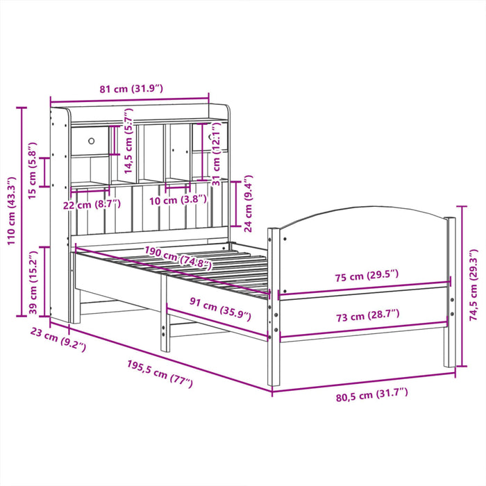 Pat cu bibliotecă fără saltea, alb, 75x190 cm, lemn masiv pin - WALTI WALTI