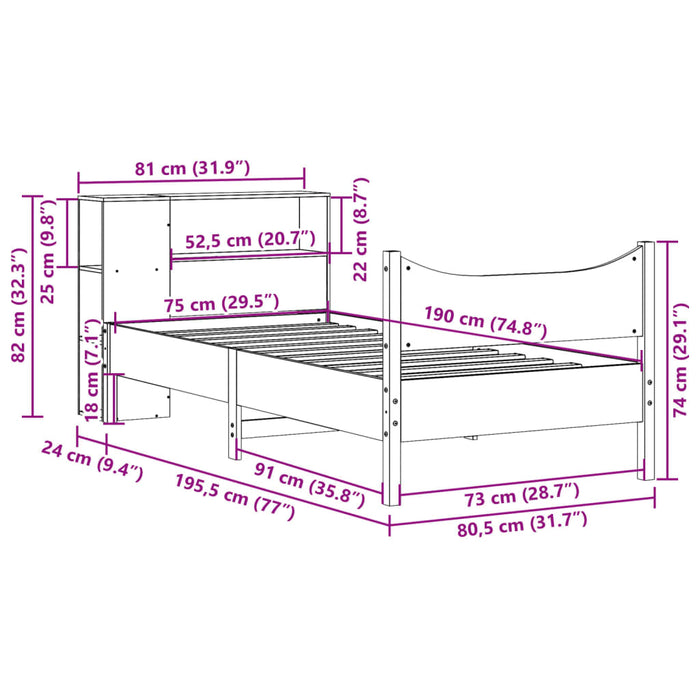 Cadru pat fără saltea, maro ceruit, 75x190 cm, lemn masiv pin - WALTI WALTI