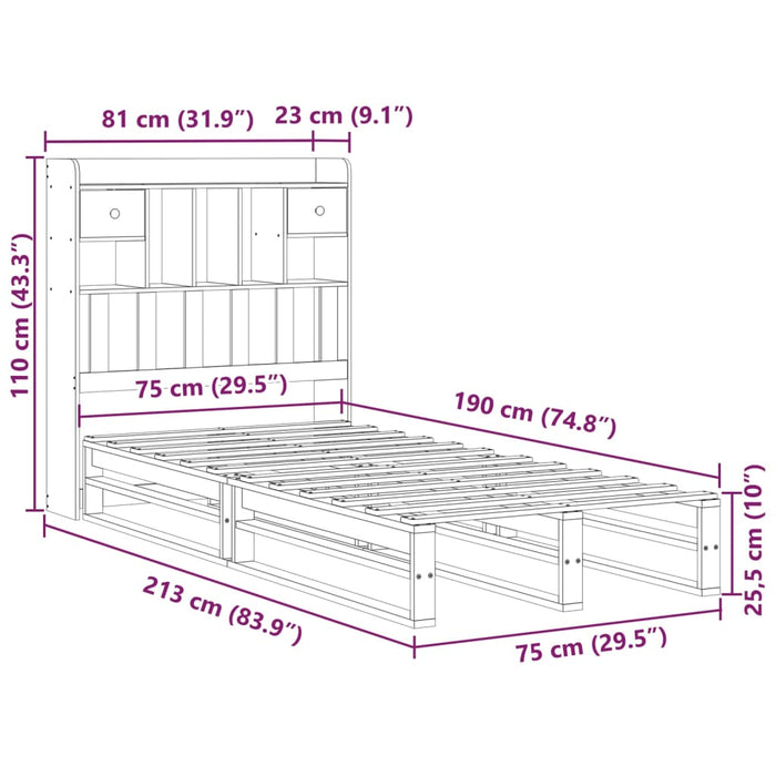 Pat bibliotecă fără saltea maro ceruit 75x190 cm lemn masiv pin - WALTI WALTI