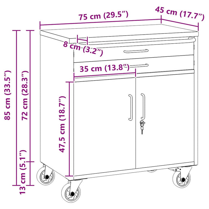 Banc de lucru cu sertar cu roata Roșu și gri 75 x 45 x 85 cm - WALTI WALTI