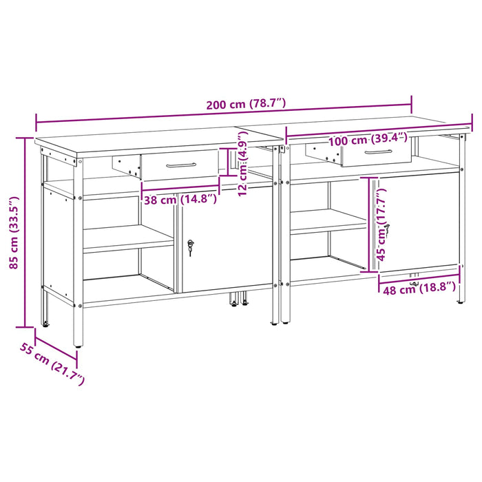 Set banc de lucru cu sertar 2 pcs Negru 200 x 55 x 85 cm - WALTI WALTI