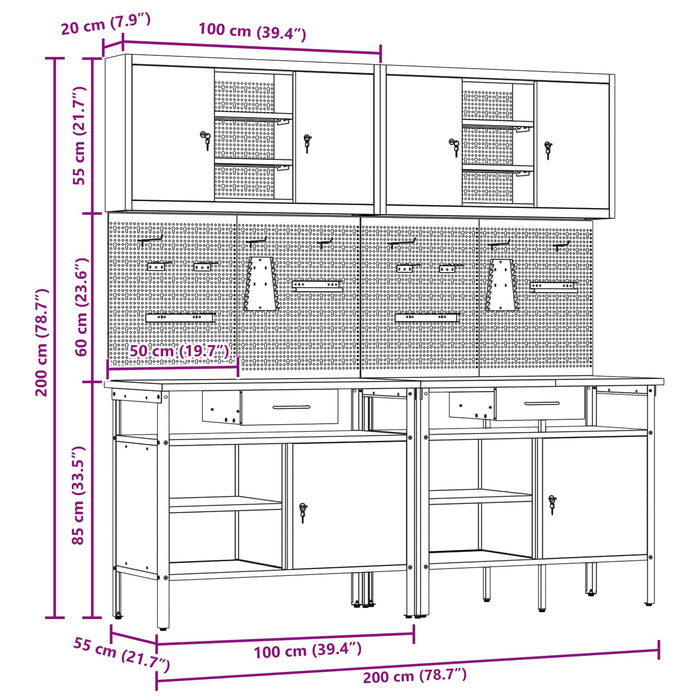Set banc de lucru 8 buc. Roșu și gri Oțel vopsit electrostatic WALTI