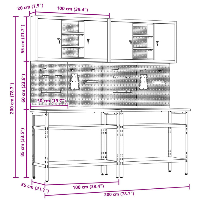 Set banc de lucru 8 buc. Roșu și gri Oțel vopsit electrostatic WALTI