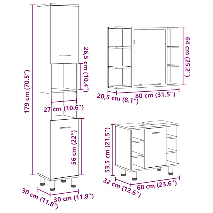 Set mobilier de baie, 3 piese, gri beton, lemn compozit - WALTI WALTI