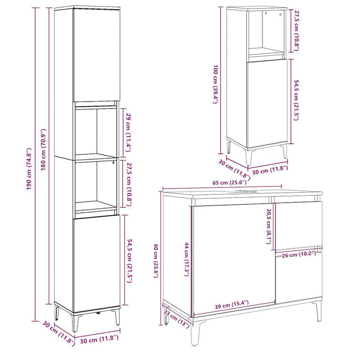 Set mobilier de baie, 3 piese, gri beton, lemn compozit WALTI