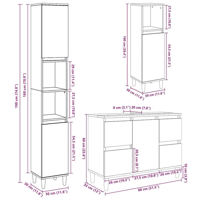 Set mobilier de baie, 3 piese, gri beton, lemn compozit WALTI