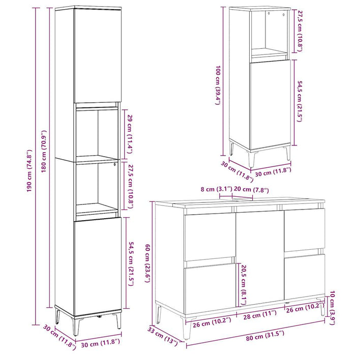 Set mobilier de baie, 3 piese, gri beton, lemn compozit WALTI