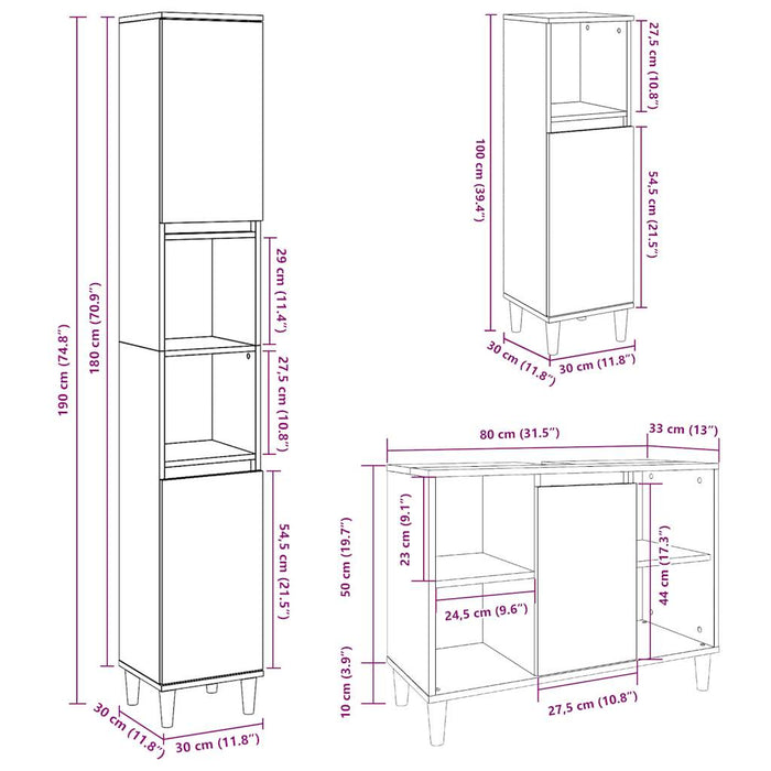 Set mobilier de baie, 3 piese, gri beton, lemn compozit WALTI