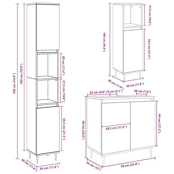 Set mobilier de baie, 3 piese, gri beton, lemn compozit WALTI