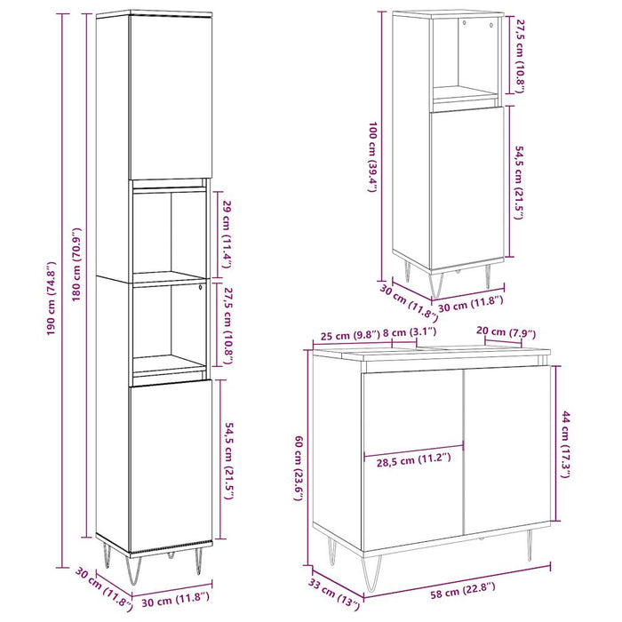 Set mobilier de baie, 3 piese, gri beton, lemn compozit WALTI