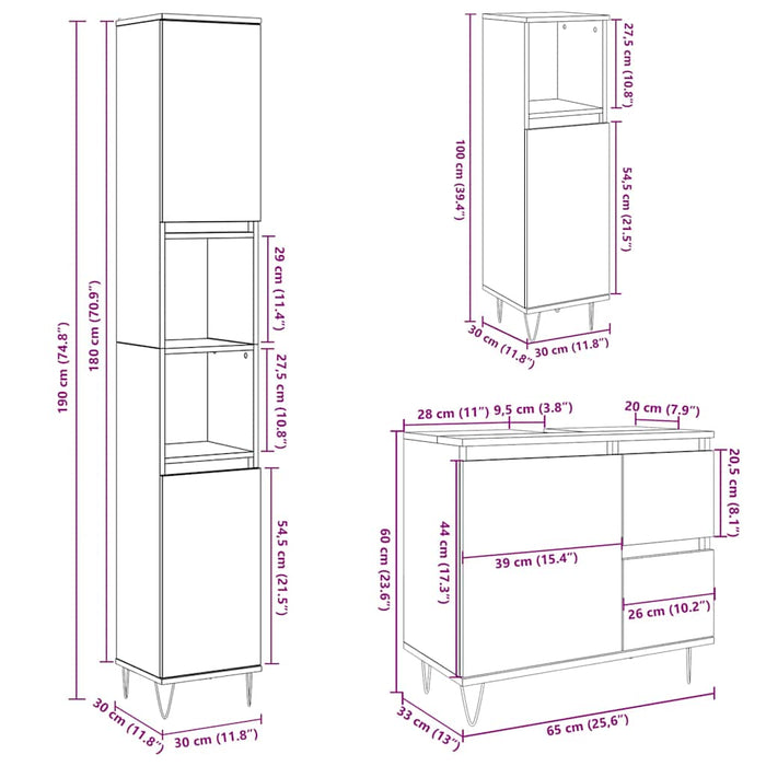 Set mobilier de baie, 3 piese, gri beton, lemn compozit WALTI