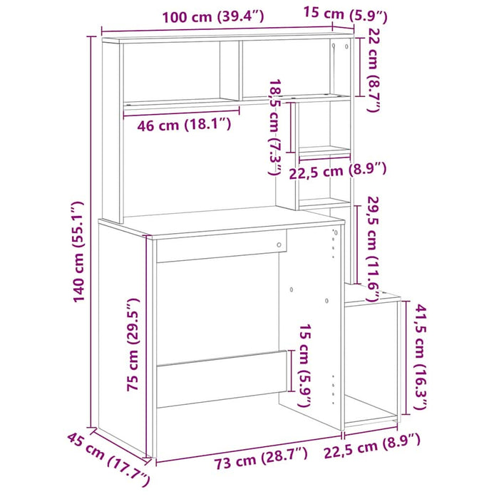 Birou cu rafturi, gri beton, 100x45x140 cm, lemn compozit - WALTI WALTI