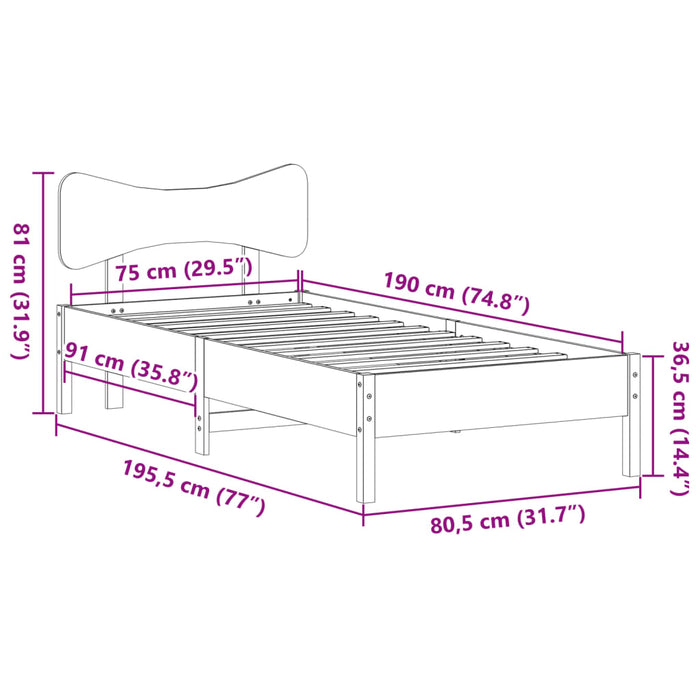 Cadru de pat fără saltea, alb, 75x190 cm, lemn masiv de pin WALTI