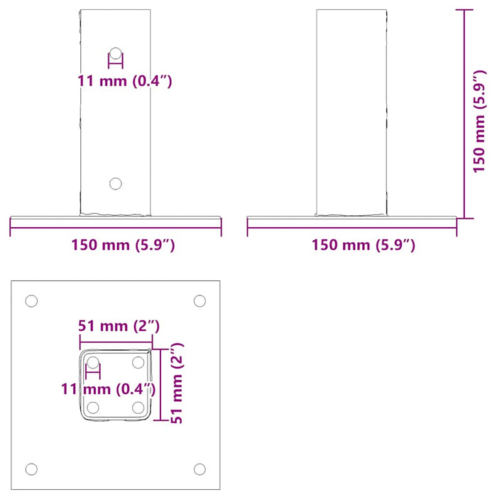 Baze stâlp pătrate 4 buc Argintiu 51x51 mm Oțel galvanizat WALTI