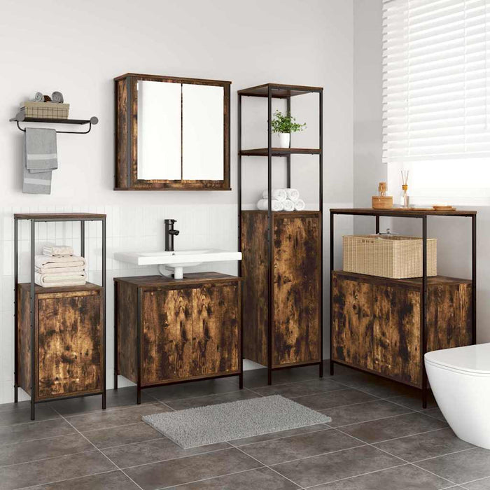 Set de mobilier pentru baie cu ușă 5 pcs Stejar afumat și Negru - WALTI WALTI