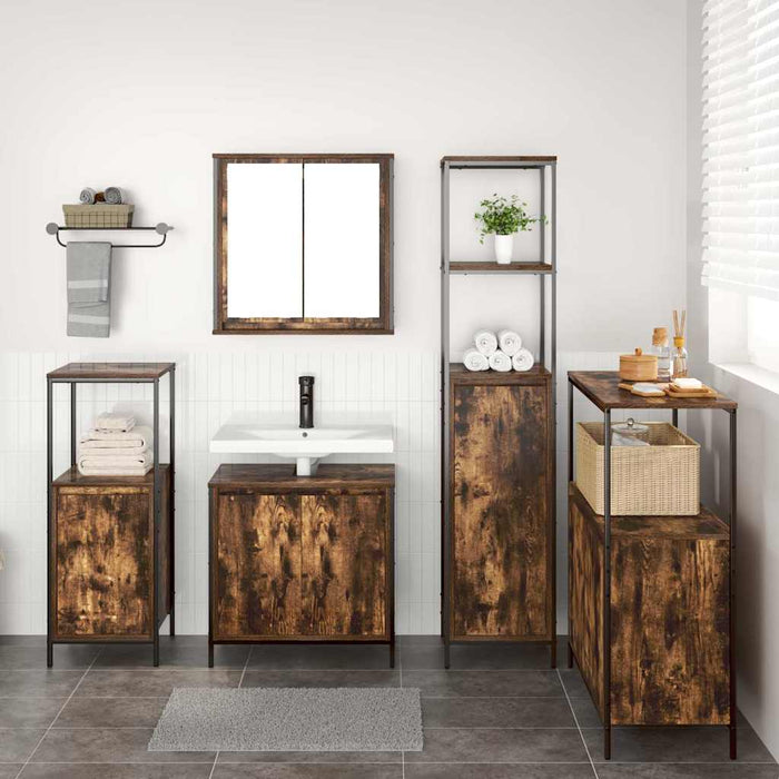 Set de mobilier pentru baie cu ușă 5 pcs Stejar afumat și Negru - WALTI WALTI