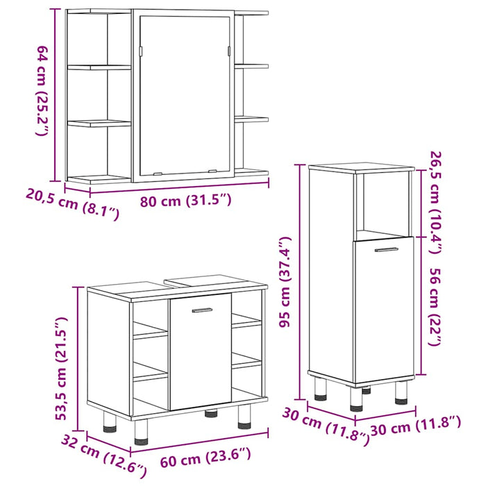Set mobilier de baie, 3 piese, stejar artizanal, lemn prelucrat - WALTI WALTI