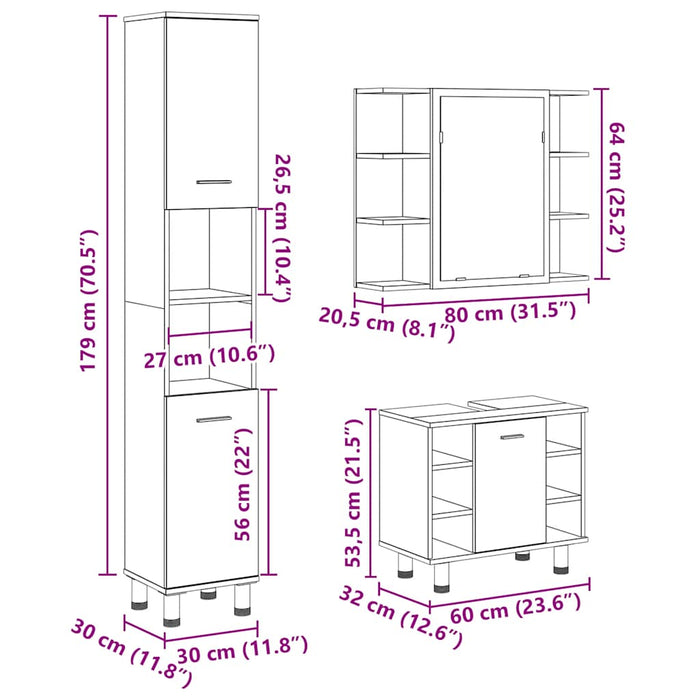Set mobilier de baie, 3 piese, stejar artizanal, lemn prelucrat - WALTI WALTI