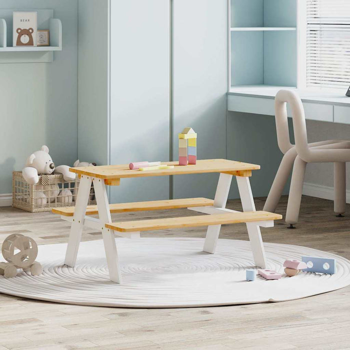 Masa pentru copii cu banci "IRUN" alb 90x79,5x50cm lemn masiv - WALTI WALTI