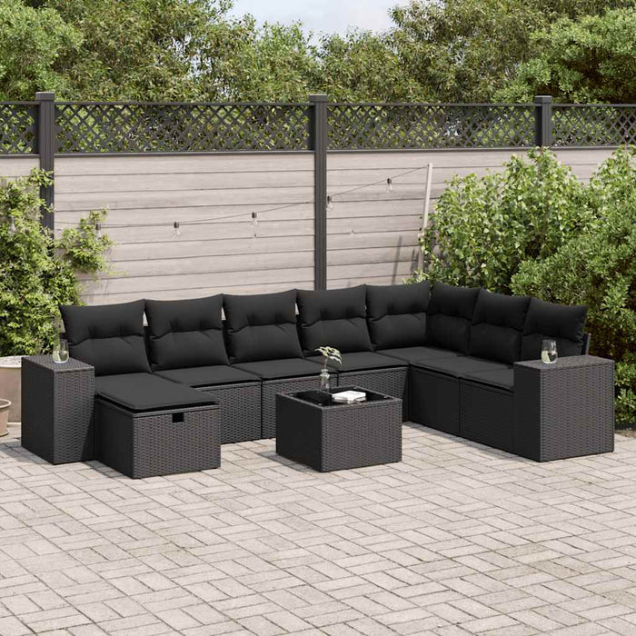 Set mobilier de grădină cu perne, 9 piese, negru, poliratan WALTI